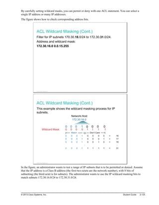 By carefully setting wildcard masks, you can permit or deny with one ACL statement. You can select a
single IP address or many IP addresses.
The figure shows how to check corresponding address bits.
ACL Wildcard Masking (Cont.)
Filter for IP subnets 170.30.16.0/24 to 172.30.31.0/24.
Address and wildcard mask:
172.30.16.0 0.0.15.255
© 2013 Cisco Systems, Inc.
ACL Wildcard Masking (Cont.)
This example shows the wildcard masking process for IP
subnets.
0
Network.Host
172.30.16.0
0 0 0 1 0 0 0
Wildcard Mask: 0 0 0 0 1 1 1 1
|<---- Match ---- >|< Don’t Care >|
0 0 0 1 0 0 0 0 = 16
0 0 0 1 0 0 0 1 = 17
0 0 0 1 0 0 1 0 = 18
: :
0 0 0 1 1 1 1 1 = 31
---- ----
© 2013 Cisco Systems, Inc.
In the figure, an administrator wants to test a range of IP subnets that is to be permitted or denied. Assume
that the IP address is a Class B address (the first two octets are the network number), with 8 bits of
subnetting (the third octet is for subnets). The administrator wants to use the IP wildcard masking bits to
match subnets 172.30.16.0/24 to 172.30.31.0/24.
© 2013 Cisco Systems, Inc. Student Guide 2-125
 