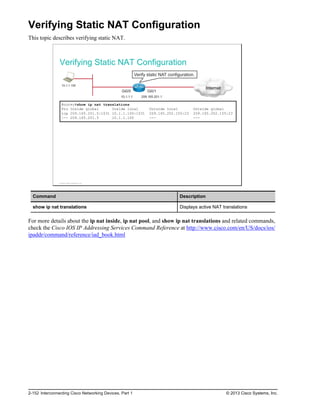 Verifying Static NAT Configuration
This topic describes verifying static NAT.
Verifying Static NAT Configuration
10.1.1.100
Internet
Verify static NAT configuration.
Gi0/0 Gi0/1
10.1.1.1 209.165.201.1
Router#show ip nat translations
Pro Inside global Inside local Outside local Outside global
tcp 209.165.201.5:1031 10.1.1.100:1031 209.165.202.155:23 209.165.202.155:23
--- 209.165.201.5 10.1.1.100 --- ---
© 2013 Cisco Systems, Inc.
Command Description
show ip nat translations Displays active NAT translations
For more details about the ip nat inside, ip nat pool, and show ip nat translations and related commands,
check the Cisco IOS IP Addressing Services Command Reference at http://www.cisco.com/en/US/docs/ios/
ipaddr/command/reference/iad_book.html
2-152 Interconnecting Cisco Networking Devices, Part 1 © 2013 Cisco Systems, Inc.
 