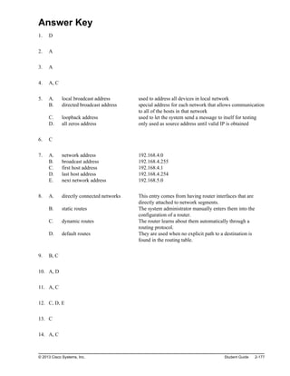 Answer Key
1. D
2. A
3. A
4. A, C
5. A. local broadcast address used to address all devices in local network
B. directed broadcast address special address for each network that allows communication
to all of the hosts in that network
C. loopback address used to let the system send a message to itself for testing
D. all zeros address only used as source address until valid IP is obtained
6. C
7. A. network address 192.168.4.0
B. broadcast address 192.168.4.255
C. first host address 192.168.4.1
D. last host address 192.168.4.254
E. next network address 192.168.5.0
8. A. directly connected networks This entry comes from having router interfaces that are
directly attached to network segments.
B. static routes The system administrator manually enters them into the
configuration of a router.
C. dynamic routes The router learns about them automatically through a
routing protocol.
D. default routes They are used when no explicit path to a destination is
found in the routing table.
9. B, C
10. A, D
11. A, C
12. C, D, E
13. C
14. A, C
© 2013 Cisco Systems, Inc. Student Guide 2-177
 