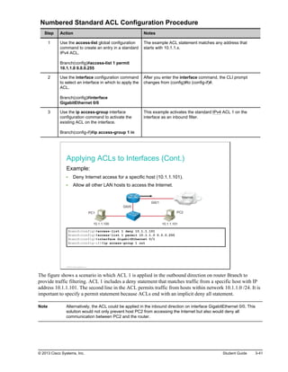 Numbered Standard ACL Configuration Procedure
Step Action Notes
1 Use the access-list global configuration
command to create an entry in a standard
IPv4 ACL.
Branch(config)#access-list 1 permit
10.1.1.0 0.0.0.255
The example ACL statement matches any address that
starts with 10.1.1.x.
2 Use the interface configuration command
to select an interface in which to apply the
ACL.
Branch(config)#interface
GigabitEthernet 0/0
After you enter the interface command, the CLI prompt
changes from (config)#to (config-if)#.
3 Use the ip access-group interface
configuration command to activate the
existing ACL on the interface.
Branch(config-if)#ip access-group 1 in
This example activates the standard IPv4 ACL 1 on the
interface as an inbound filter.
Applying ACLs to Interfaces (Cont.)
Example:
Deny Internet access for a specific host (10.1.1.101).
Allow all other LAN hosts to access the Internet.
Internet
PC1 PC2
Gi0/0
Gi0/1
10.1.1.100 10.1.1.101
Branch(config)#access-list 1 deny 10.1.1.101
Branch(config)#access-list 1 permit 10.1.1.0 0.0.0.255
Branch(config)#interface GigabitEthernet 0/1
Branch(config-if)#ip access-group 1 out
© 2013 Cisco Systems, Inc.
The figure shows a scenario in which ACL 1 is applied in the outbound direction on router Branch to
provide traffic filtering. ACL 1 includes a deny statement that matches traffic from a specific host with IP
address 10.1.1.101. The second line in the ACL permits traffic from hosts within network 10.1.1.0 /24. It is
important to specify a permit statement because ACLs end with an implicit deny all statement.
Note Alternatively, the ACL could be applied in the inbound direction on interface GigabitEthernet 0/0. This
solution would not only prevent host PC2 from accessing the Internet but also would deny all
communication between PC2 and the router.
© 2013 Cisco Systems, Inc. Student Guide 3-41
 