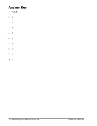 Answer Key
1. A, B, D
2. B
3. C
4. A
5. B
6. A
7. B
8. C
9. A
10. C
3-64 Interconnecting Cisco Networking Devices, Part 1 © 2013 Cisco Systems, Inc.
 