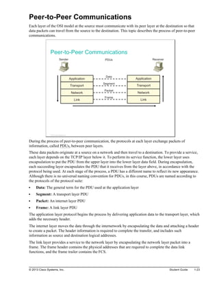 Peer-to-Peer Communications
Each layer of the OSI model at the source must communicate with its peer layer at the destination so that
data packets can travel from the source to the destination. This topic describes the process of peer-to-peer
communications.
Peer-to-Peer Communications
Receiver
Sender
Application
Transport
Network
Link
Application
Transport
Network
Link
Data
Segment
Packet
Frame
PDUs
© 2013 Cisco Systems, Inc.
During the process of peer-to-peer communication, the protocols at each layer exchange packets of
information, called PDUs, between peer layers.
These data packets originate at a source on a network and then travel to a destination. To provide a service,
each layer depends on the TCP/IP layer below it. To perform its service function, the lower layer uses
encapsulation to put the PDU from the upper layer into the lower layer data field. During encapsulation,
each succeeding layer encapsulates the PDU that it receives from the layer above, in accordance with the
protocol being used. At each stage of the process, a PDU has a different name to reflect its new appearance.
Although there is no universal naming convention for PDUs, in this course, PDUs are named according to
the protocols of the protocol suite:
Data: The general term for the PDU used at the application layer
Segment: A transport layer PDU
Packet: An internet layer PDU
Frame: A link layer PDU
The application layer protocol begins the process by delivering application data to the transport layer, which
adds the necessary header.
The internet layer moves the data through the internetwork by encapsulating the data and attaching a header
to create a packet. The header information is required to complete the transfer, and includes such
information as source and destination logical addresses.
The link layer provides a service to the network layer by encapsulating the network layer packet into a
frame. The frame header contains the physical addresses that are required to complete the data link
functions, and the frame trailer contains the FCS.
© 2013 Cisco Systems, Inc. Student Guide 1-23
 