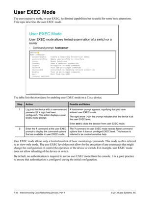 User EXEC Mode
The user executive mode, or user EXEC, has limited capabilities but is useful for some basic operations.
This topic describes the user EXEC mode.
User EXEC Mode
User EXEC mode allows limited examination of a switch or a
router
Command prompt: hostname>
Switch>?
Exec commands:
access-enable Create a temporary Access-List entry
access-profile Apply user-profile to interface
clear Reset functions
connect Open a terminal connection
crypto Encryption related commands
disable Turn off privileged commands
disconnect Disconnect an existing network connection
enable Turn on privileged commands
exit Exit from the EXEC
<output omitted>
© 2013 Cisco Systems, Inc.
The table lists the procedure for enabling user EXEC mode on a Cisco device.
Step Action Results and Notes
1 Log into the device with a username and
password (if a login has been
configured). This action displays a user
EXEC mode prompt.
A hostname> prompt appears, signifying that you have
entered user EXEC mode.
The right arrow (>) in the prompt indicates that the device is at
the user EXEC level.
Enter exit to close the session from user EXEC mode.
2 Enter the ? command at the user EXEC
prompt to display the command options
that are available in user EXEC mode.
The ? command in user EXEC mode reveals fewer command
options than it does at privileged EXEC level. This feature is
referred to as context-sensitive help.
User EXEC mode allows only a limited number of basic monitoring commands. This mode is often referred
to as view-only mode. The user EXEC level does not allow for the execution of any commands that might
change the configuration or control the operation of the device or switch. For example, user EXEC mode
does not allow reloading of the device or switch.
By default, no authentication is required to access user EXEC mode from the console. It is a good practice
to ensure that authentication is configured during the initial configuration.
1-36 Interconnecting Cisco Networking Devices, Part 1 © 2013 Cisco Systems, Inc.
 