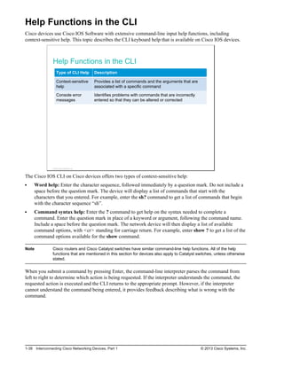 Help Functions in the CLI
Cisco devices use Cisco IOS Software with extensive command-line input help functions, including
context-sensitive help. This topic describes the CLI keyboard help that is available on Cisco IOS devices.
Help Functions in the CLI
Type of CLI Help Description
Context-sensitive
help
Provides a list of commands and the arguments that are
associated with a specific command
Console error
messages
Identifies problems with commands that are incorrectly
entered so that they can be altered or corrected
© 2013 Cisco Systems, Inc.
The Cisco IOS CLI on Cisco devices offers two types of context-sensitive help:
Word help: Enter the character sequence, followed immediately by a question mark. Do not include a
space before the question mark. The device will display a list of commands that start with the
characters that you entered. For example, enter the sh? command to get a list of commands that begin
with the character sequence “sh”.
Command syntax help: Enter the ? command to get help on the syntax needed to complete a
command. Enter the question mark in place of a keyword or argument, following the command name.
Include a space before the question mark. The network device will then display a list of available
command options, with <cr> standing for carriage return. For example, enter show ? to get a list of the
command options available for the show command.
Note Cisco routers and Cisco Catalyst switches have similar command-line help functions. All of the help
functions that are mentioned in this section for devices also apply to Catalyst switches, unless otherwise
stated.
When you submit a command by pressing Enter, the command-line interpreter parses the command from
left to right to determine which action is being requested. If the interpreter understands the command, the
requested action is executed and the CLI returns to the appropriate prompt. However, if the interpreter
cannot understand the command being entered, it provides feedback describing what is wrong with the
command.
1-38 Interconnecting Cisco Networking Devices, Part 1 © 2013 Cisco Systems, Inc.
 