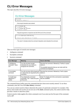CLI Error Messages
This topic describes CLI error messages.
CLI Error Messages
SwitchX#c
% Ambiguous command:'c'
Not enough characters were entered.
SwitchX#clock set
% Incomplete command
SwitchX#clock set 19:50:00
% Incomplete command
Required arguments or keywords were left off the end of the command.
SwitchX#>clock set 19:50:00 25 6
^
% Invalid input detected at "^" marker
The caret (^) indicates where the command interpreter cannot decipher the command.
© 2013 Cisco Systems, Inc.
There are three types of console error messages:
Ambiguous command
Incomplete command
Incorrect command
Error Message Meaning How to Get Help
% Ambiguous
command: “show
con”
You did not enter enough
characters for your device to
recognize the command.
Re-enter the command, followed by ? without a space
before it.
The possible keywords that you can enter with the
command are displayed.
% Incomplete
command
You did not enter all the keywords
or values that are required by this
command.
Re-enter the command, followed by ? with a space
before it.
% Invalid input
detected at ‘^’
marker
You entered the command
incorrectly. The ^ marks the point
of the error.
Enter ? to display all of the commands or parameters
that are available.
The command history buffer stores the commands that have been most recently entered. To see these
commands, enter the Cisco IOS show history command.
You can use context-sensitive help to determine the syntax of a particular command. For example, if the
device clock needs to be set but you are not sure of the clock command syntax, the context-sensitive help
provides a means to check the syntax.
Context-sensitive help supplies the whole command even if you enter just the first part of the command,
such as cl?.
1-40 Interconnecting Cisco Networking Devices, Part 1 © 2013 Cisco Systems, Inc.
 