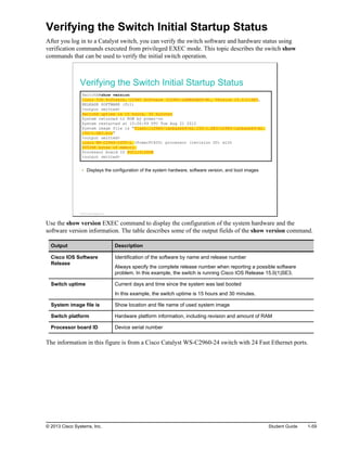 Verifying the Switch Initial Startup Status
After you log in to a Catalyst switch, you can verify the switch software and hardware status using
verification commands executed from privileged EXEC mode. This topic describes the switch show
commands that can be used to verify the initial switch operation.
Verifying the Switch Initial Startup Status
SwitchX#show version
Cisco IOS Software, C2960 Software (C2960-LANBASEK9-M), Version 15.0(1)SE3,
RELEASE SOFTWARE (fc1)
<output omitted>
SwitchX uptime is 15 hours, 30 minutes
System returned to ROM by power-on
System restarted at 15:06:49 UTC Tue Aug 21 2012
System image file is "flash:/c2960-lanbasek9-mz.150-1.SE3/c2960-lanbasek9-mz.
150-1.SE3.bin"
<output omitted>
cisco WS-C2960-24TT-L (PowerPC405) processor (revision D0) with
65536K bytes of memory.
Processor board ID FOC1141Z8YW
<output omitted>
Displays the configuration of the system hardware, software version, and boot images
© 2013 Cisco Systems, Inc.
Use the show version EXEC command to display the configuration of the system hardware and the
software version information. The table describes some of the output fields of the show version command.
Output Description
Cisco IOS Software
Release
Identification of the software by name and release number
Always specify the complete release number when reporting a possible software
problem. In this example, the switch is running Cisco IOS Release 15.0(1)SE3.
Switch uptime Current days and time since the system was last booted
In this example, the switch uptime is 15 hours and 30 minutes.
System image file is Show location and file name of used system image
Switch platform Hardware platform information, including revision and amount of RAM
Processor board ID Device serial number
The information in this figure is from a Cisco Catalyst WS-C2960-24 switch with 24 Fast Ethernet ports.
© 2013 Cisco Systems, Inc. Student Guide 1-59
 