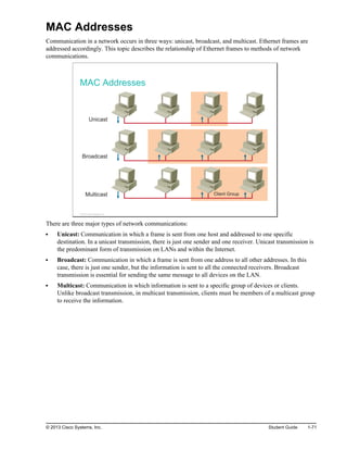 MAC Addresses
Communication in a network occurs in three ways: unicast, broadcast, and multicast. Ethernet frames are
addressed accordingly. This topic describes the relationship of Ethernet frames to methods of network
communications.
MAC Addresses
Unicast
Broadcast
Multicast Client Group
Clien
© 2013 Cisco Systems, Inc.
There are three major types of network communications:
Unicast: Communication in which a frame is sent from one host and addressed to one specific
destination. In a unicast transmission, there is just one sender and one receiver. Unicast transmission is
the predominant form of transmission on LANs and within the Internet.
Broadcast: Communication in which a frame is sent from one address to all other addresses. In this
case, there is just one sender, but the information is sent to all the connected receivers. Broadcast
transmission is essential for sending the same message to all devices on the LAN.
Multicast: Communication in which information is sent to a specific group of devices or clients.
Unlike broadcast transmission, in multicast transmission, clients must be members of a multicast group
to receive the information.
© 2013 Cisco Systems, Inc. Student Guide 1-71
 