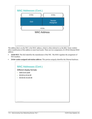 MAC Addresses (Cont.)
OUI
Vendor
Assigned
48 Bits
MAC Address
24 Bits 24 Bits
© 2013 Cisco Systems, Inc.
The address that is on the NIC is the MAC address, which is often referred to as the BIA. Some vendors
allow modification of this address to meet local needs. There are two components of a 48-bit Ethernet MAC
address:
24-bit OUI: The OUI identifies the manufacturer of the NIC. The IEEE regulates the assignment of
OUI numbers.
24-bit vendor-assigned end-station address: This portion uniquely identifies the Ethernet hardware.
MAC Addresses (Cont.)
Different display formats:
0000.0c43.2e08
00:00:0c:43:2e:08
00-00-0C-43-2E-08
© 2013 Cisco Systems, Inc.
1-72 Interconnecting Cisco Networking Devices, Part 1 © 2013 Cisco Systems, Inc.
 