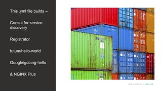 MORE INFORMATION AT NGINX.COM
This .yml file builds –
Consul for service
discovery
Registrator
tutum/hello-world
Google/golang-hello
& NGINX Plus
 
