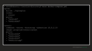 MORE INFORMATION AT NGINX.COM
$ sarah@ubuntu:~/service-discovery$ more docker-compose.yml
nginx:
build: ./nginxplus
links:
- consul
ports:
- "9050:80"
- "8080:8080"
consul:
command: -server -bootstrap -advertise 10.0.2.15
image: progrium/consul:latest
ports:
- "8300:8300"
- "8400:8400"
- "8500:8500"
- "8600:53/udp”
 