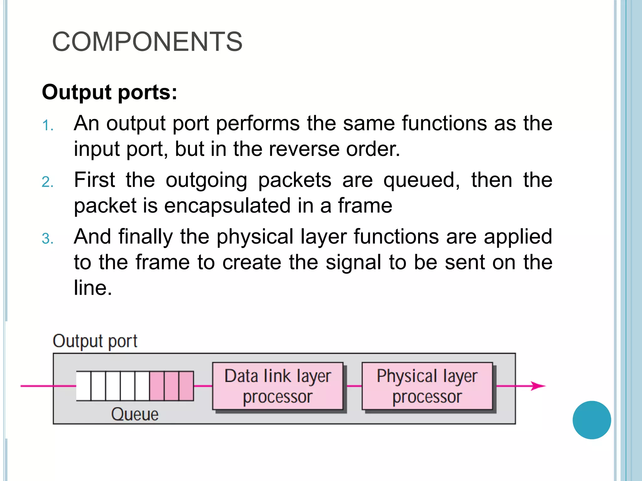 COMPONENTS
Output ports:
1. An output port performs the same functions as the
input port, but in the reverse order.
2. First the outgoing packets are queued, then the
packet is encapsulated in a frame
3. And finally the physical layer functions are applied
to the frame to create the signal to be sent on the
line.
 