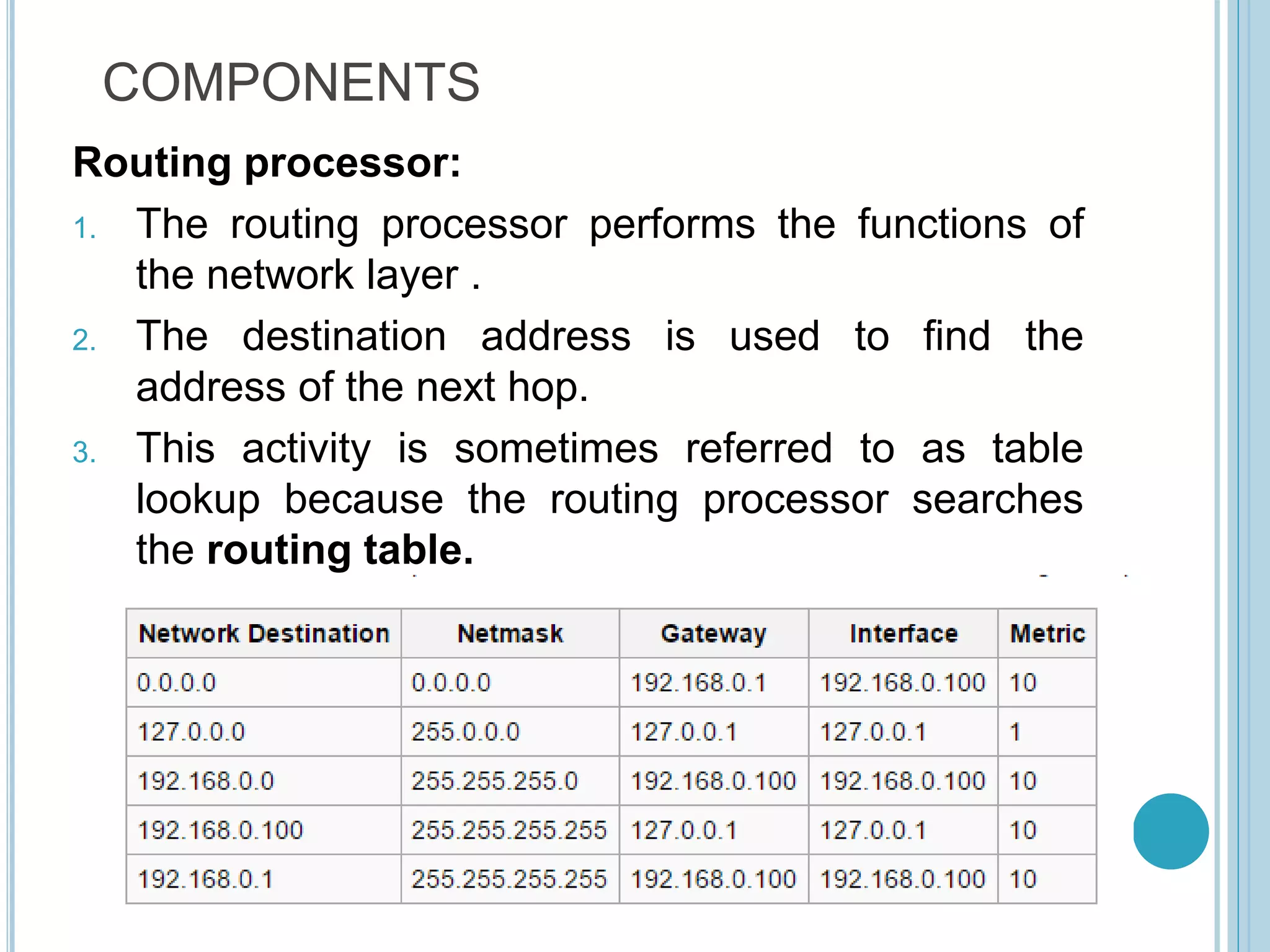 COMPONENTS
Routing processor:
1. The routing processor performs the functions of
the network layer .
2. The destination address is used to find the
address of the next hop.
3. This activity is sometimes referred to as table
lookup because the routing processor searches
the routing table.
 