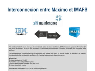 Afin d’améliorer l’efficacité pour la mise à jour des paramètres de gestion des stocks dans Maximo, STI Maintenance inc., partenaire ‘’Premier’’ et ‘’Or’’
IBM Maximo, et IMAFS Inc. , ont mis sur pieds une interface qui interconnecte les deux logiciels et automatise le processus de façon transparente, rapide
et efficace.
Les différentes données d’opérations effectuées par Maximo sont donc chargées dans IMAFS, qui prend les données, les recalculent et les analysent.
Les calculs des Min-Max sont transférés dans Maximo afin d’optimiser les paramètres de réapprovisionnement.
RÉSULTATS :
Diminution des stocks de 10 à 50%
Augmentation du taux de disponibilité des pièces
Diminution des situations de ruptures de stock jusqu’à 80%
Diminution des arrêts de machine
Pour une démo gratuite: 450-671-1831 ou par courriel info@imafs.com
Vers
Maximo
Vers IMAFS
Interconnexion entre Maximo et IMAFS
 