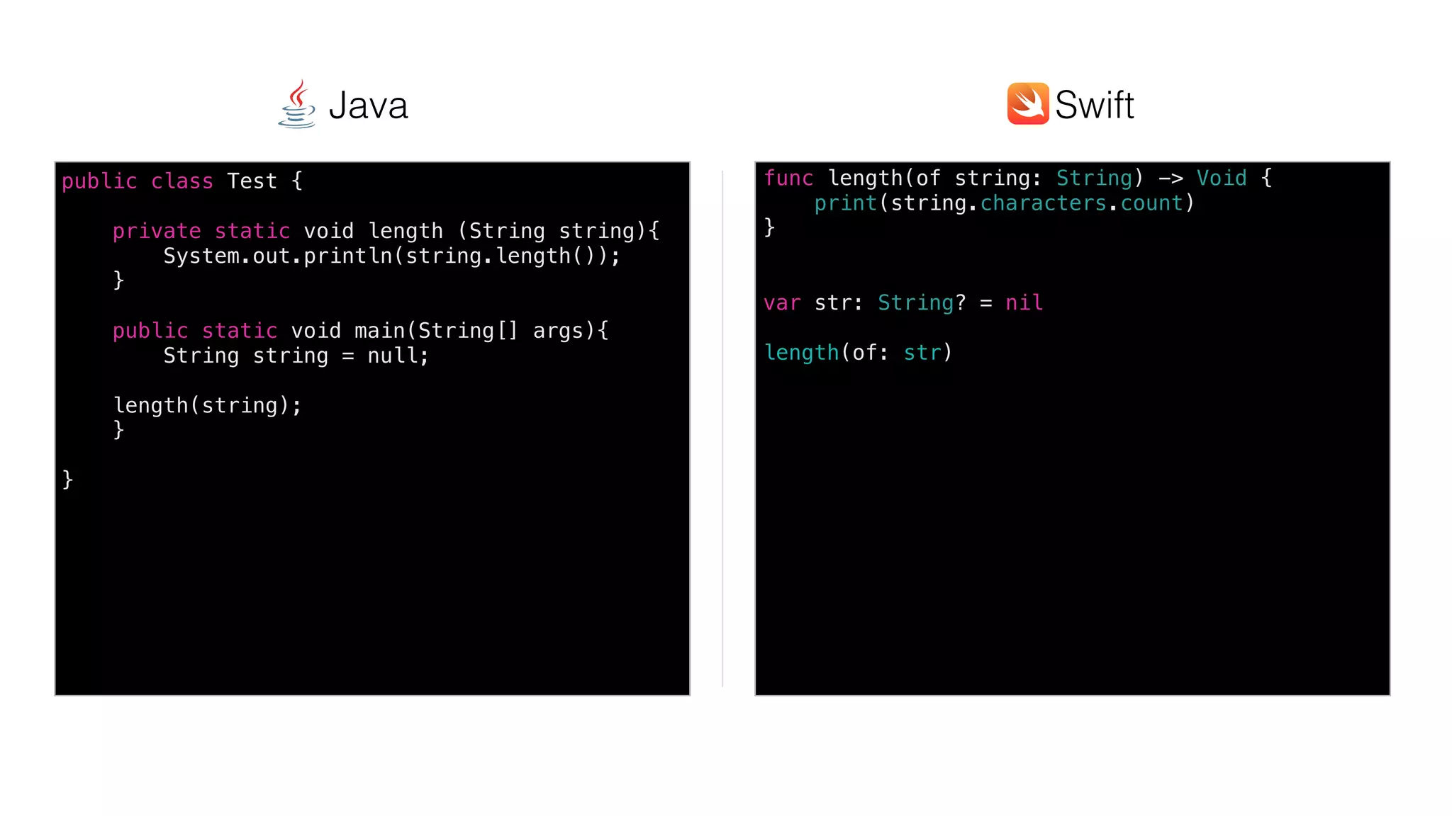 Swift @ IBM
func length(of string: String) -> Void {
print(string.characters.count)
}
var str: String? = nil
length(of: str)
public class Test {
private static void length (String string){
System.out.println(string.length());
}
public static void main(String[] args){
String string = null;
length(string);
}
}
SwiftJava
 
