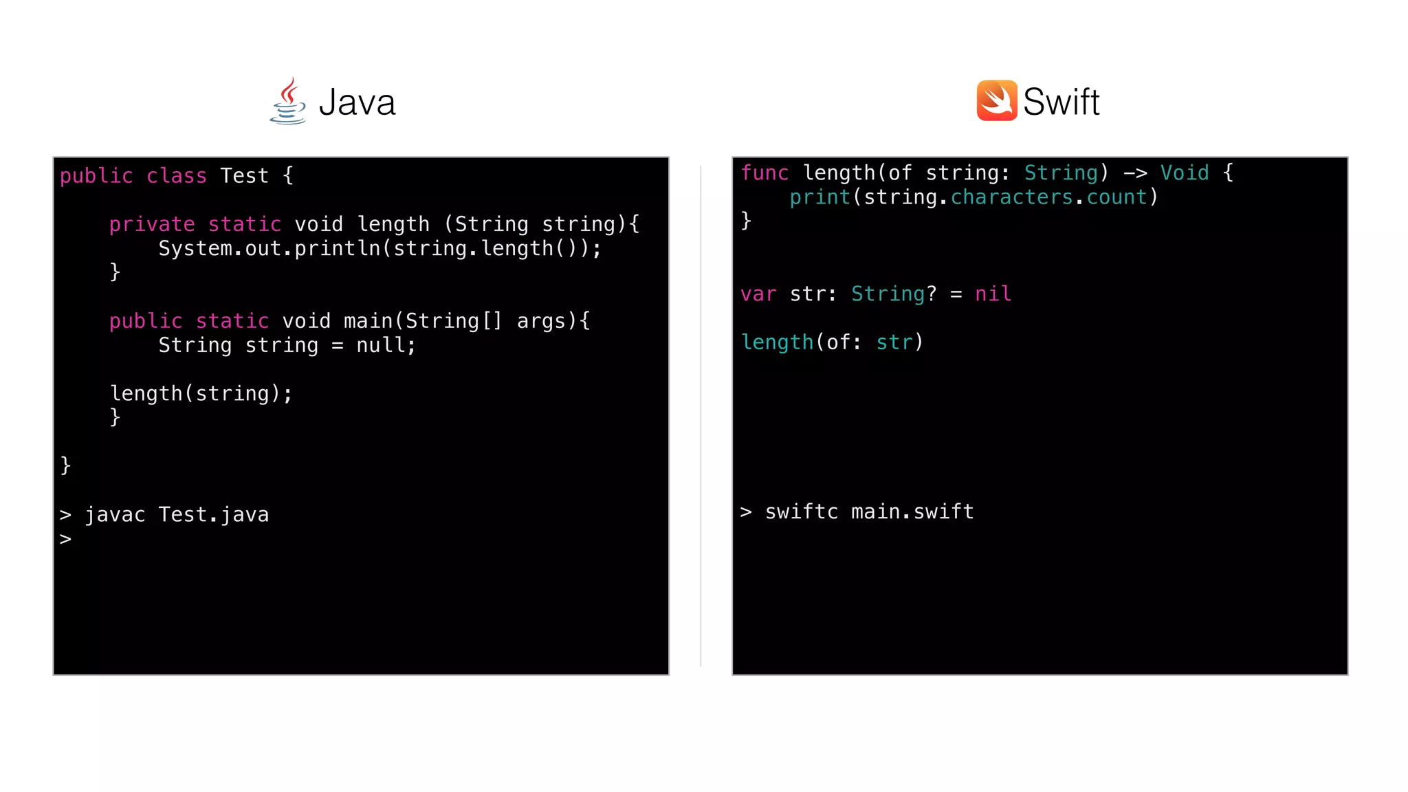 Swift @ IBM
func length(of string: String) -> Void {
print(string.characters.count)
}
var str: String? = nil
length(of: str)
> swiftc main.swift
public class Test {
private static void length (String string){
System.out.println(string.length());
}
public static void main(String[] args){
String string = null;
length(string);
}
}
> javac Test.java
>
SwiftJava
 