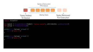 a	queue	-	FIFO	
put	task	into	queue		
to	execute	
dequeued	tasks		
are	being	executed	
in	wai8ng	
Serial or Concurrent
FIFO Queue
Waiting Tasks
Tasks Added 
To Queue
Tasks Removed 
For Execution
import Dispatch
let queue = DispatchQueue(label: "group queue", attributes: .concurrent)
let group = DispatchGroup()
queue.async(group: group) {
print("work 1")
}
queue.async(group: group) {
print("work 2")
}
 