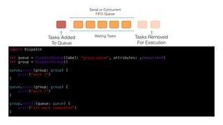 a	queue	-	FIFO	
put	task	into	queue		
to	execute	
dequeued	tasks		
are	being	executed	
in	wai8ng	
Serial or Concurrent
FIFO Queue
Waiting Tasks
Tasks Added 
To Queue
Tasks Removed 
For Execution
import Dispatch
let queue = DispatchQueue(label: "group queue", attributes: .concurrent)
let group = DispatchGroup()
queue.async(group: group) {
print("work 1")
}
queue.async(group: group) {
print("work 2")
}
group.notify(queue: queue) {
print("all work completed")
}
 