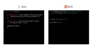 Swift @ IBM
func length(of string: String) -> Void {
print(string.characters.count)
}
var str: String? = nil
length(of: str)
public class Test {
private static void length (String string){
System.out.println(string.length());
}
public static void main(String[] args){
String string = null;
length(string);
}
}
SwiftJava
 