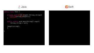 Swift @ IBM
public class Test {
private static int length (String string){
return(string.length());
}
public static void main(String[] args){
String string = null;
length(string);
}
}
SwiftJava
 