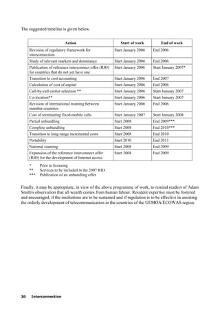 30 Interconnection
The suggested timeline is given below.
Action Start of work End of work
Revision of regulatory framework for
interconnection
Start January 2006 End 2006
Study of relevant markets and dominance Start January 2006 End 2006
Publication of reference interconnect offer (RIO)
for countries that do not yet have one
Start January 2006 Start January 2007*
Transition to cost accounting Start January 2006 End 2007
Calculation of cost of capital Start January 2006 End 2006
Call-by-call carrier selection ** Start January 2006 Start January 2007
Co-location** Start January 2006 Start January 2007
Revision of international roaming between
member countries
Start January 2006 End 2006
Cost of terminating fixed-mobile calls Start January 2007 Start January 2008
Partial unbundling Start 2008 End 2009***
Complete unbundling Start 2008 End 2010***
Transition to long-range incremental costs Start 2008 End 2010
Portability Start 2010 End 2011
National roaming Start 2008 End 2009
Expansion of the reference interconnect offer
(RIO) for the development of Internet access
Start 2008 End 2009
* Prior to licensing
** Services to be included in the 2007 RIO
*** Publication of an unbundling offer
Finally, it may be appropriate, in view of the above programme of work, to remind readers of Adam
Smith's observation that all wealth comes from human labour. Resident expertise must be fostered
and encouraged, if the institutions are to be sustained and if regulation is to be effective in assisting
the orderly development of telecommunication in the countries of the UEMOA/ECOWAS region.
 