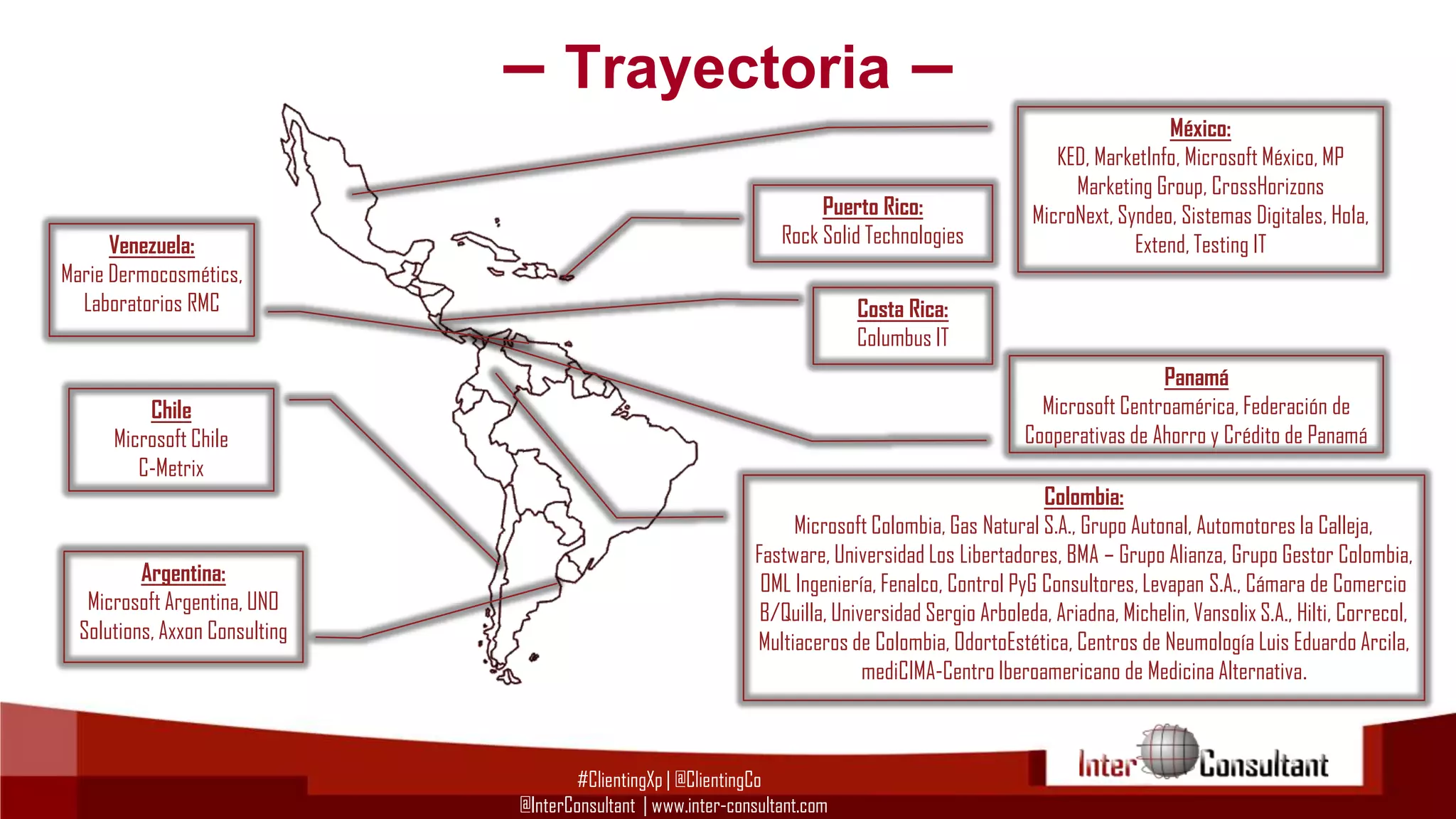 – Trayectoria –
Venezuela:
Marie Dermocosmétics,
Laboratorios RMC

Puerto Rico:
Rock Solid Technologies

Costa Rica:
Columbus IT
Panamá
Microsoft Centroamérica, Federación de
Cooperativas de Ahorro y Crédito de Panamá

Chile
Microsoft Chile
C-Metrix

Argentina:
Microsoft Argentina, UNO
Solutions, Axxon Consulting

México:
KED, MarketInfo, Microsoft México, MP
Marketing Group, CrossHorizons
MicroNext, Syndeo, Sistemas Digitales, Ho1a,
Extend, Testing IT

Colombia:
Microsoft Colombia, Gas Natural S.A., Grupo Autonal, Automotores la Calleja,
Fastware, Universidad Los Libertadores, BMA – Grupo Alianza, Grupo Gestor Colombia,
OML Ingeniería, Fenalco, Control PyG Consultores, Levapan S.A., Cámara de Comercio
B/Quilla, Universidad Sergio Arboleda, Ariadna, Michelin, Vansolix S.A., Hilti, Correcol,
Multiaceros de Colombia, OdortoEstética, Centros de Neumología Luis Eduardo Arcila,
mediCIMA-Centro Iberoamericano de Medicina Alternativa.

#ClientingXp | @ClientingCo
@InterConsultant | www.inter-consultant.com

 