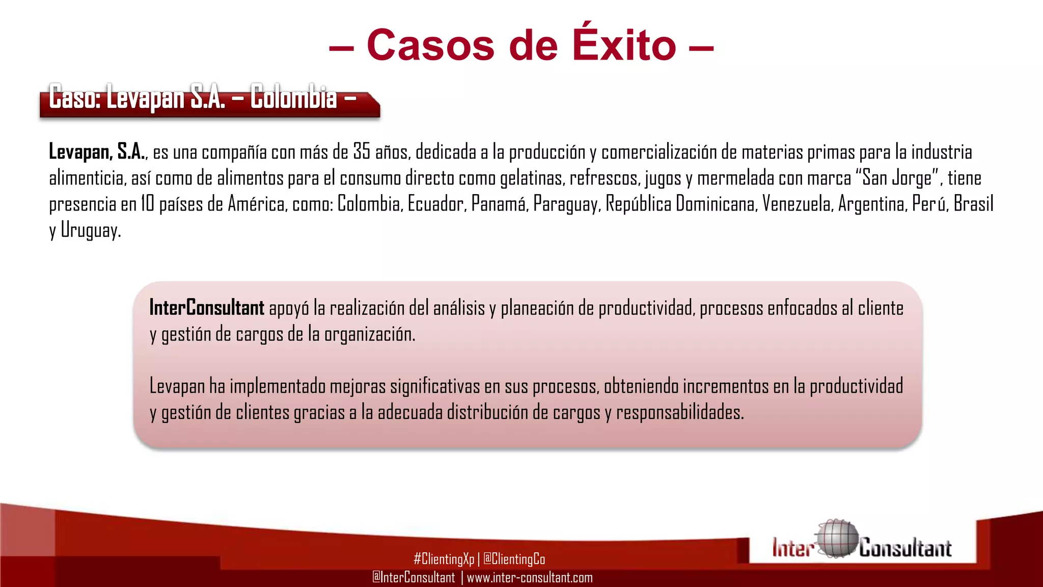 – Casos de Éxito –
Levapan, S.A., es una compañía con más de 35 años, dedicada a la producción y comercialización de materias primas para la industria
alimenticia, así como de alimentos para el consumo directo como gelatinas, refrescos, jugos y mermelada con marca “San Jorge”, tiene
presencia en 10 países de América, como: Colombia, Ecuador, Panamá, Paraguay, República Dominicana, Venezuela, Argentina, Perú, Brasil
y Uruguay.
InterConsultant apoyó la realización del análisis y planeación de productividad, procesos enfocados al cliente
y gestión de cargos de la organización.
Levapan ha implementado mejoras significativas en sus procesos, obteniendo incrementos en la productividad
y gestión de clientes gracias a la adecuada distribución de cargos y responsabilidades.

#ClientingXp | @ClientingCo
@InterConsultant | www.inter-consultant.com

 