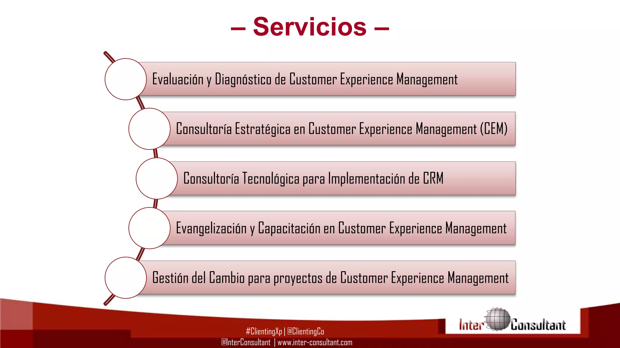 – Servicios –
Evaluación y Diagnóstico de Customer Experience Management
Consultoría Estratégica en Customer Experience Management (CEM)

Consultoría Tecnológica para Implementación de CRM
Evangelización y Capacitación en Customer Experience Management
Gestión del Cambio para proyectos de Customer Experience Management

#ClientingXp | @ClientingCo
@InterConsultant | www.inter-consultant.com

 