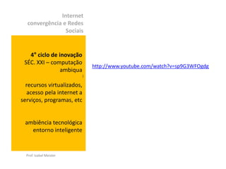 Internet
  convergência e Redes
                Sociais


   4° ciclo de inovação
 SÉC. XXI – computação
                                http://www.youtube.com/watch?v=sp9G3WFOgdg
                ambiqua
                            )


  recursos virtualizados,
   acesso pela internet a
serviços, programas, etc


 ambiência tecnológica
   entorno inteligente


  Prof. Izabel Meister
 