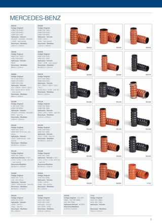 5501S
Código Original:
A386 528 8182 /
A382 528 8482 /
A388 528 7482
Aplicação / Veículo:
OH1625 / OH1630 / OH1628
/ O400 - lado quente
Descrição / Medidas:
100mm x 220mm
5502S
Código Original:
A388 528 7682 /
A388 528 9182 /
A386 528 9092
Aplicação / Veículo:
1935 / 1941 /
2635 - lado quente
Descrição / Medidas:
110mm x 195mm
5504S
Código Original:
A664 528 7482 /
A382 528 8382
Aplicação / Veículo:
O400
Descrição / Medidas:
86mm x 220mm
5505S
Código Original:
A384 528 9182 /
A684 501 1082
Aplicação / Veículo:
1620 / 1938 - lado quente
Descrição / Medidas:
80-85mm x 215mm
5506S
Código Original:
A670 528 0582 /
A688 528 8382 /
A688 528 2182
Aplicação / Veículo:
914 / LO814 / O814 / L812 /
912 / Accelo 815 e 1016
- lado quente
Descrição / Medidas:
68mm x 200mm
5507N
Código Original:
A670 528 0682 /
A688 528 8482
Aplicação / Veículo:
914 / LO814 / O814 / L812
/ 912 /
Accelo 815 e 1016 - lado frio
Descrição / Medidas:
68mm x 220mm
5510N
Código Original:
A 382 528 7782 /
A386 528 8682
Aplicação / Veículo:
OH1625 / OH1630 / OH1628 /
O400 - lado frio
Descrição / Medidas:
100mm x 220mm
5511N
Código Original:
A388 528 9082 /
A388 528 7882
Aplicação / Veículo:
1935 / 1941 / 2635 - lado frio
Descrição / Medidas:
110mm x 195mm
5512S
Código Original:
A696 500 7375 /
A696 500 7575 (cód. com
abraç.)
Aplicação / Veículo:
1620 / 1938 Bicudo - lado
quente
Descrição / Medidas:
80-85mm x 215mm
5513N
Código Original:
A384 528 9282 /
A684 501 0882
Aplicação / Veículo:
1620 / 1938 - lado frio
Descrição / Medidas:
80-85mm x 215mm
5514S
Código Original:
A384 501 1382
Aplicacao/Veiculo: 1720 /
1721 / 1722 / 1726 / OF1724
– lado quente
Descricao/Medidas:
80-85mm x 253mm
5515N
Código Original:
A384 501 1482
Aplicacao / Veiculo: 1720 /
1721 / 1722 / 1726 / OF1724
– lado frio
Descricao/Medidas:
80-85mm x 253mm
5516N
Código Original:
A696 500 7175
(cód. com abraç.)
Aplicação / Veículo:
1620 / 1938 Bicudo - lado frio
Descrição / Medidas:
80-85mm x 215mm
5520S
Código Original:
A000 501 6082
Aplicação / Veículo:
1938 / 1944S /
Atego - lado quente
Descrição / Medidas:
85 x 200mm
5522N
Código Original:
A000 501 6182
Aplicação / Veículo:
1938 / 1944S /
Atego - lado frio
Descrição / Medidas:
85 x 200mm
5523S
Código Original:
A002 094 6382 /
A002 094 5482
Aplicação / Veículo:
Axor 2035 / 2040
Descrição / Medidas:
100mm x 200mm
5525S
Código Original: 003 094
0882 / 002 094 8682 /
002 094 5582
Aplicacao/Veiculo: ACTROS
Descricao/Medidas:
115mm x 210mm
mercedes-benz
7731
Código Original:
A904 094 0882 /
A002 094 7582
Aplicação / Veículo:
---
Descrição / Medidas:
76mm x 152mm
5501S 5502S 5504S
5505S 5506S
5510N
5507N
5511N 5512S
5513N 5514S 5515N
5516N 5520S 5522N
5523S 5525S 7731
3
 