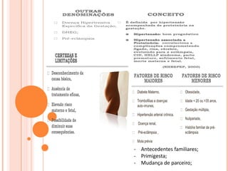 - Antecedentes familiares;
- Primigesta;
- Mudança de parceiro;
 
