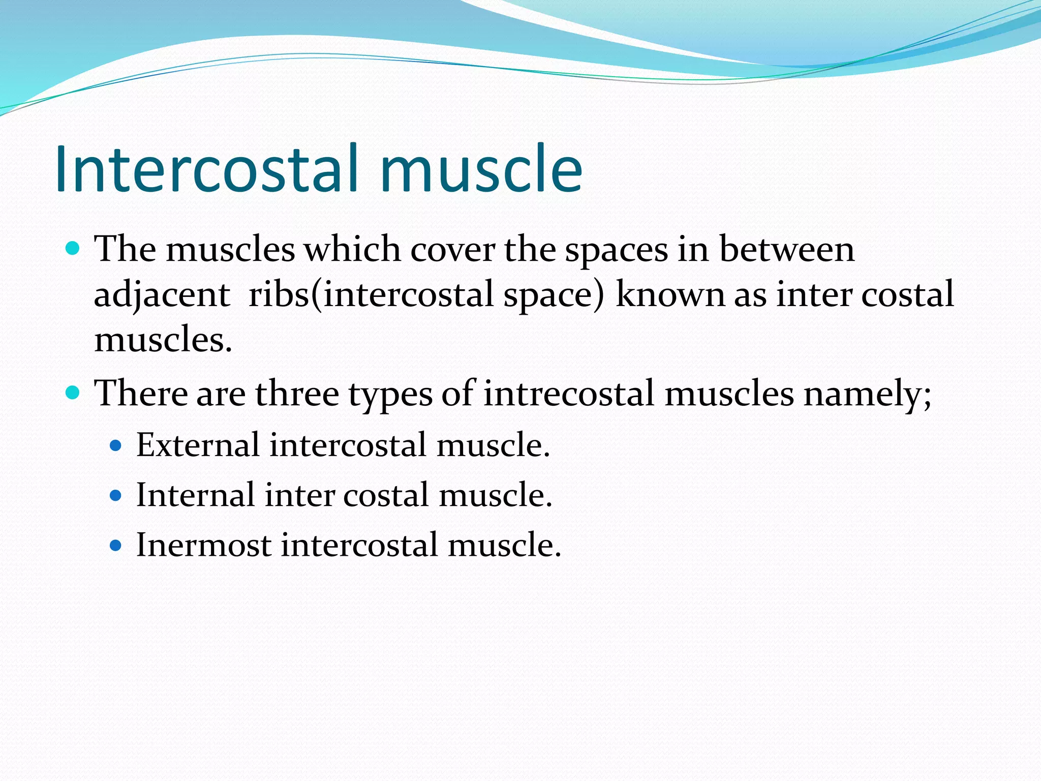Intercostal muscle
 The muscles which cover the spaces in between
adjacent ribs(intercostal space) known as inter costal
muscles.
 There are three types of intrecostal muscles namely;
 External intercostal muscle.
 Internal inter costal muscle.
 Inermost intercostal muscle.
 