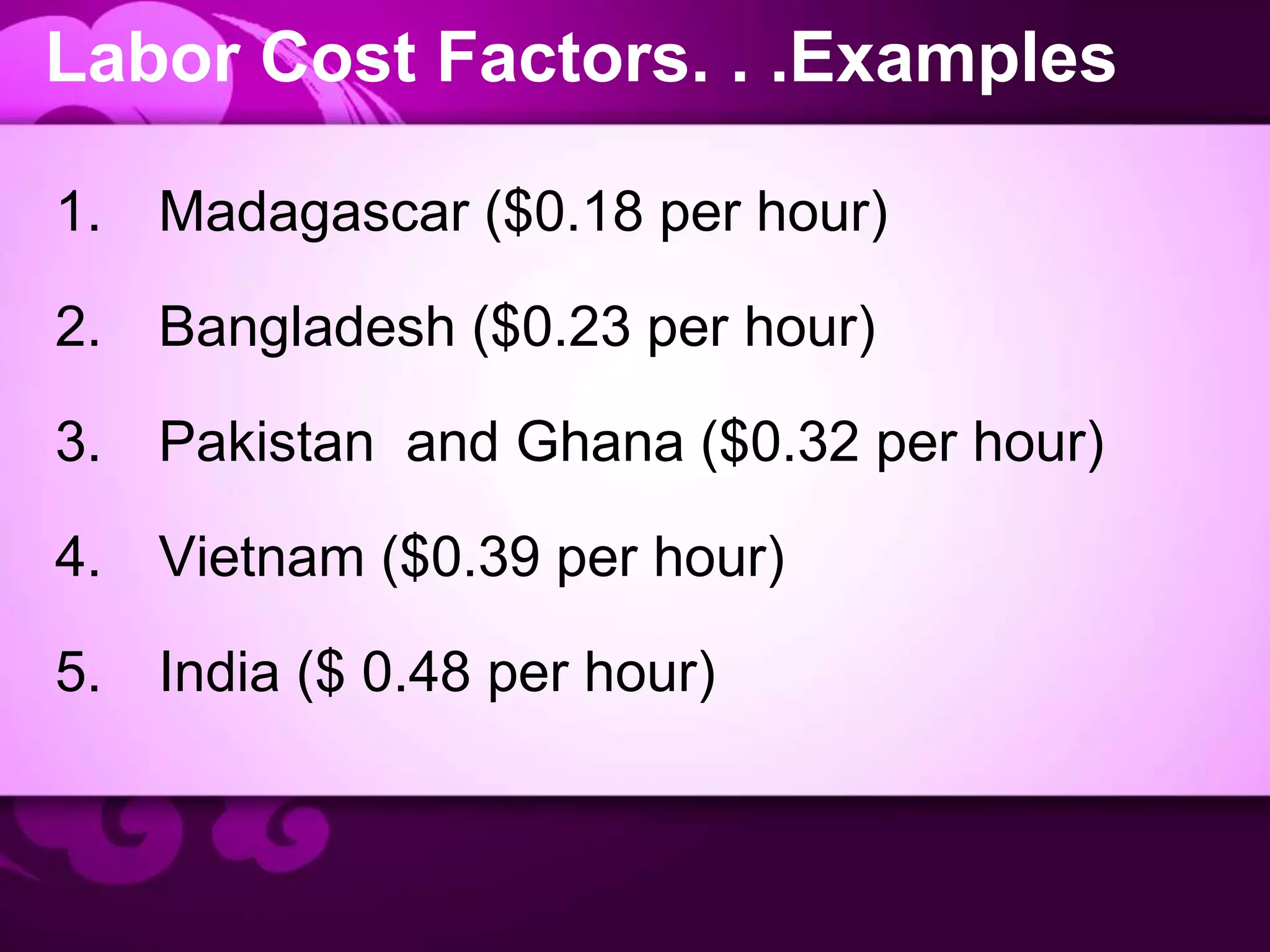 Labor Cost Factors. . .Examples
1. Madagascar ($0.18 per hour)
2. Bangladesh ($0.23 per hour)
3. Pakistan and Ghana ($0.32 per hour)
4. Vietnam ($0.39 per hour)
5. India ($ 0.48 per hour)
 