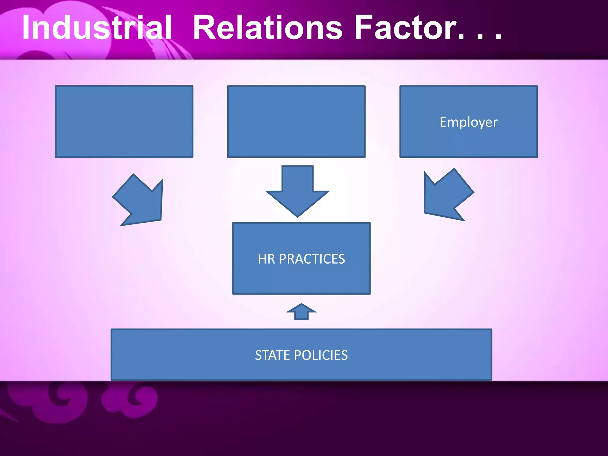 Industrial Relations Factor. . .
worker Labor Union Employer
HR PRACTICES
STATE POLICIES
 
