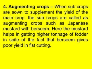 4. Augmenting crops – When sub crops
are sown to supplement the yield of the
main crop, the sub crops are called as
augmenting crops such as Japanese
mustard with berseem. Here the mustard
helps in getting higher tonnage of fodder
in spite of the fact that berseem gives
poor yield in fist cutting.
 