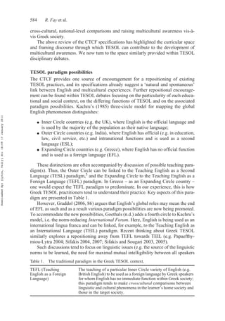 584 R. Fay et al.
cross-cultural, national-level comparisons and raising multicultural awareness vis-à-
vis Greek society.
The above review of the CTCF specifications has highlighted the curricular space
and framing discourse through which TESOL can contribute to the development of
multicultural awareness. We now turn to the space similarly provided within TESOL
disciplinary debates.
TESOL paradigm possibilities
The CTCF provides one source of encouragement for a repositioning of existing
TESOL practices, and its specifications already suggest a ‘natural and spontaneous’
link between English and multicultural experiences. Further repositional encourage-
ment can be found within TESOL debates focusing on the particularity of each educa-
tional and social context, on the differing functions of TESOL and on the associated
paradigm possibilities. Kachru’s (1985) three-circle model for mapping the global
English phenomenon distinguishes:
● Inner Circle countries (e.g. the UK), where English is the official language and
is used by the majority of the population as their native language;
● Outer Circle countries (e.g. India), where English has official (e.g. in education,
law, civil service, etc.) and intranational functions and is used as a second
language (ESL);
● Expanding Circle countries (e.g. Greece), where English has no official function
and is used as a foreign language (EFL).
These distinctions are often accompanied by discussion of possible teaching para-
digm(s). Thus, the Outer Circle can be linked to the Teaching English as a Second
Language (TESL) paradigm,5
and the Expanding Circle to the Teaching English as a
Foreign Language (TEFL) paradigm. In Greece – as an Expanding Circle country –
one would expect the TEFL paradigm to predominate. In our experience, this is how
Greek TESOL practitioners tend to understand their practice. Key aspects of this para-
digm are presented in Table 1.
However, Graddol (2006, 86) argues that English’s global roles may mean the end
of EFL as such and as a result various paradigm possibilities are now being promoted.
To accommodate the new possibilities, Goethals (n.d.) adds a fourth circle to Kachru’s
model, i.e. the norm-reducing International Forum. Here, English is being used as an
international lingua franca and can be linked, for example, to the Teaching English as
an International Language (TEIL) paradigm. Recent thinking about Greek TESOL
similarly explores a repositioning away from TEFL towards TEIL (e.g. Papaefthy-
miou-Lytra 2004; Sifakis 2004, 2007; Sifakis and Sougari 2003, 2005).
Such discussions tend to focus on linguistic issues (e.g. the source of the linguistic
norms to be learned, the need for maximal mutual intelligibility between all speakers
Table 1. The traditional paradigm in the Greek TESOL context.
TEFL (Teaching
English as a Foreign
Language)
The teaching of a particular Inner Circle variety of English (e.g.
British English) to be used as a foreign language by Greek speakers
for whom English has no immediate function within Greek society;
this paradigm tends to make crosscultural comparisons between
linguistic and cultural phenomena in the learner’s home society and
those in the target society.
DownloadedBy:[Lytra,Vally]At:10:0917January2011
 