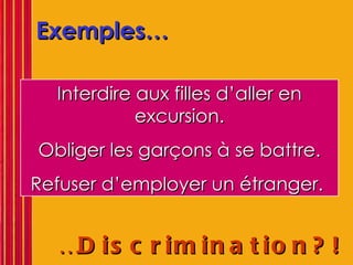 Exemples… … Discrimination?!   Interdire aux filles d’aller en excursion. Obliger les garçons à se battre. Refuser d’employer un étranger.  