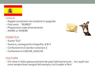 LINGUA
• Doppie consonanti non esistono in spagnolo
• Falsi amici “BURRO”
• Preposizioni usate diversamente
• AVERE vs TENERE

FONETICA
• Suono “GLI”
• Suono e, conseguente ortografia, di B-V
• Confusione tra S (sorda e sonora) e Z
• Confusione in CHI/CHE, GHI/CHE


CULTURA
• Chi viene in Italia spesso proviene dai paesi latinoamericani… tra i quali non
  corre sempre buon sangue! Ad esempio, tra Ecuador e Perù
 