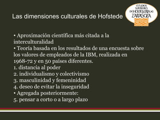 Las dimensiones culturales de Hofstede Aproximación científica más citada a la interculturalidad Teoría basada en los resultados de una encuesta sobre los valores de empleados de la IBM, realizada en 1968-72 y en 50 países diferentes. 1. distancia al poder 2. individualismo y colectivismo 3. masculinidad y femeninidad 4. deseo de evitar la inseguridad Agregada posteriormente: 5. pensar a corto o a largo plazo 
