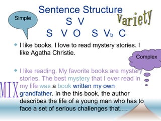 Sentence Structure S  V    S  V  O  S  V b   C I like books. I love to read mystery stories. I like Agatha Christie.  I like reading. My favorite books are mystery stories. The best   mystery   that I ever read in my life   was  a  book   written my own grandfather . In the this book, the author describes the life of a young man who has to face a set of serious challenges that…. Simple Complex Variety MIX 