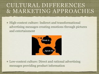 CULTURAL DIFFERENCES
& MARKETING APPROACHES
High-context culture: Indirect and transformational
advertising messages creating emotions through pictures
and entertainment
Low-context culture: Direct and rational advertising
messages providing product information
 