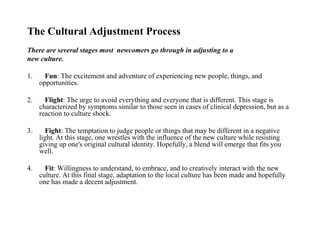 The Cultural Adjustment Process There are several stages most  newcomers go through in adjusting to a new culture. 1.        Fun : The excitement and adventure of experiencing new people, things, and opportunities.  2.        Flight : The urge to avoid everything and everyone that is different. This stage is characterized by symptoms similar to those seen in cases of clinical depression, but as a reaction to culture shock.  3.        Fight : The temptation to judge people or things that may be different in a negative light. At this stage, one wrestles with the influence of the new culture while resisting giving up one's original cultural identity. Hopefully, a blend will emerge that fits you well. 4.        Fit : Willingness to understand, to embrace, and to creatively interact with the new culture. At this final stage, adaptation to the local culture has been made and hopefully one has made a decent adjustment. 
