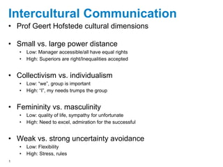 Intercultural Communication
• Prof Geert Hofstede cultural dimensions

• Small vs. large power distance
    •   Low: Manager accessible/all have equal rights
    •   High: Superiors are right/Inequalities accepted


• Collectivism vs. individualism
    •   Low: “we”, group is important
    •   High: “I”, my needs trumps the group


• Femininity vs. masculinity
    •   Low: quality of life, sympathy for unfortunate
    •   High: Need to excel, admiration for the successful


• Weak vs. strong uncertainty avoidance
    •   Low: Flexibility
    •   High: Stress, rules
1
 