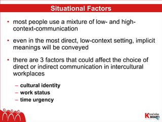 Situational Factors
• most people use a mixture of low- and high-
context-communication
• even in the most direct, low-context setting, implicit
meanings will be conveyed
• there are 3 factors that could affect the choice of
direct or indirect communication in intercultural
workplaces
– cultural identity
– work status
– time urgency
 
