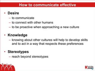 How to communicate effective
• Desire
– to communicate
– to connect with other humans
– to be proactive when approaching a new culture
• Knowledge
– knowing about other cultures will help to develop skills
and to act in a way that respects these preferences
• Stereotypes
– reach beyond stereotypes
 