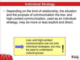Individual Strategy
• Depending on the kind of relationship, the situation
and the purpose of communication the low- and
high-context communication, used as an individual
strategy, may be more or less explicit and direct.
!
Low- and high-context
communication are not only
individual strategies, but may
be used to understand
cultural groups
 