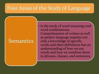 • Is the study of word meanings and
word combinations.
Comprehension of written as well
as spoken language requires not
only a knowledge of specific
words and their definitions but an
understanding of how we use
words and how we combine them
in phrases, clauses, and sentences.
Semantics
Four Areas of the Study of Language
 