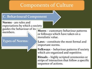 C. Behavioural Component
Norms - are rules and
expectations by which a society
guides the behaviour of its
members.
Types of Norms:
Mores – customary behaviour patterns
or folkways which have taken on a
moralistic value.
Laws – constitute the most formal and
important norms.
Folkways – behaviour patterns if society
which are organized and repetitive.
Rituals – highly scripted ceremonies or
strips of interaction that follow a specific
sequence of actions.
Components of Culture
 