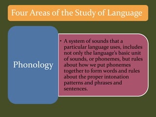 Four Areas of the Study of Language
• A system of sounds that a
particular language uses, includes
not only the language’s basic unit
of sounds, or phonemes, but rules
about how we put phonemes
together to form words and rules
about the proper intonation
patterns and phrases and
sentences.
Phonology
 