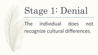 Stage 1: Denial
The individual does not
recognize cultural differences.
 