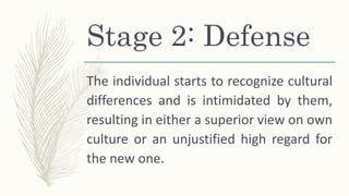 Stage 2: Defense
The individual starts to recognize cultural
differences and is intimidated by them,
resulting in either a superior view on own
culture or an unjustified high regard for
the new one.
 